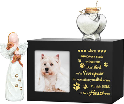 Pet Memorial Urn with Photo Frame, 110 Cubic Inches Wooden Pet Cremation Urn for Dogs & Cats, Sympathy Gift Set with