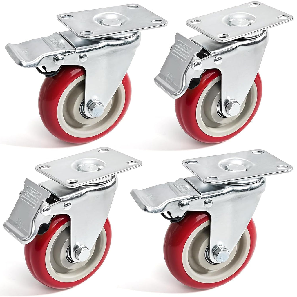 4-Inch Heavy Duty Swivel Caster Wheels Set of 4, Industrial Locking Rolling Plate Casters with Brake for Furniture