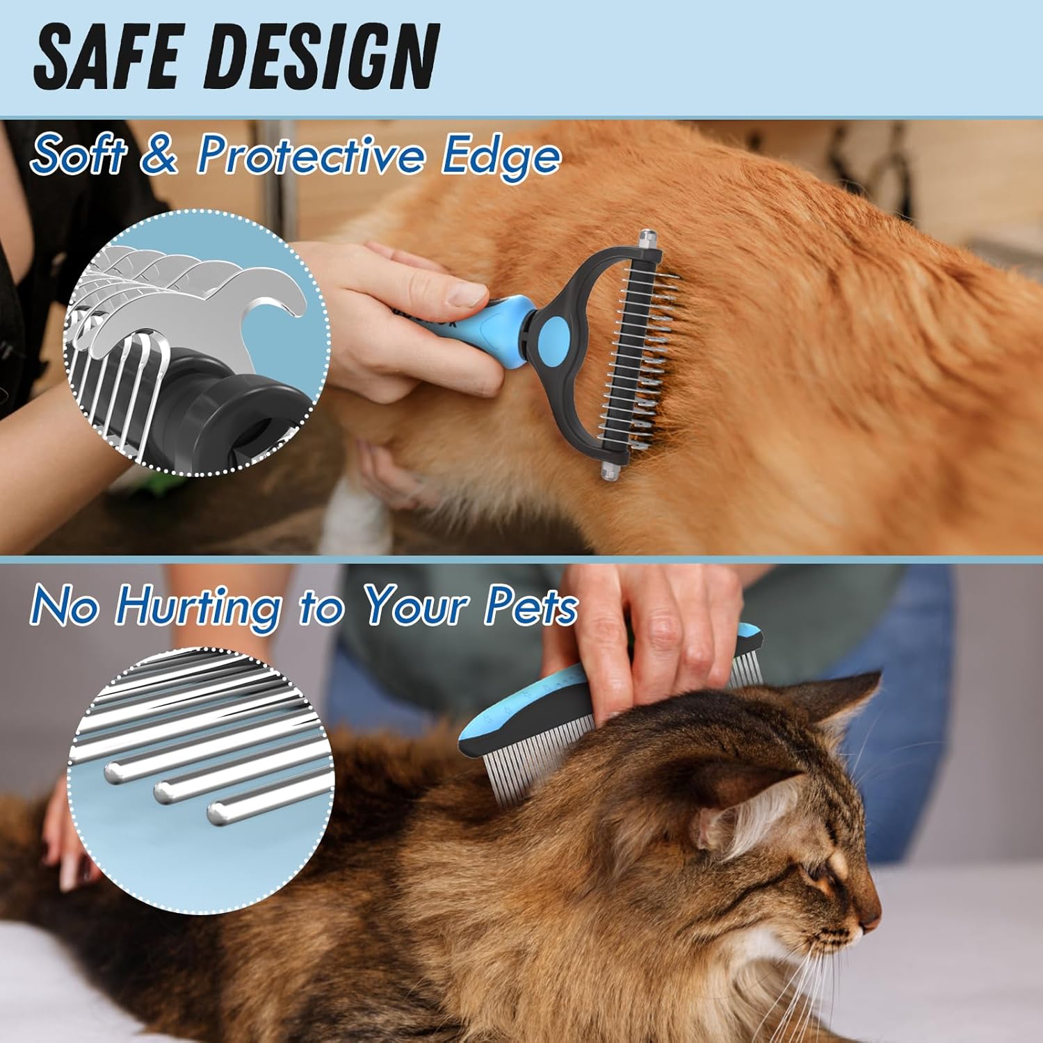 Pet Grooming Combo - Blue Deshedding Brush with Metal Comb for Detangling and Dematting Long, Matted Fur on Cats and