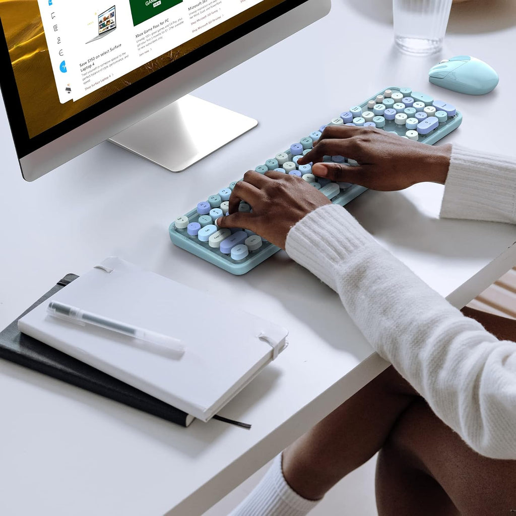 Wireless Keyboard and Mouse Combo, Retro Keyboard with Round Keycaps, 2.4GHz Dropout-Free Connection, Cute Wireless