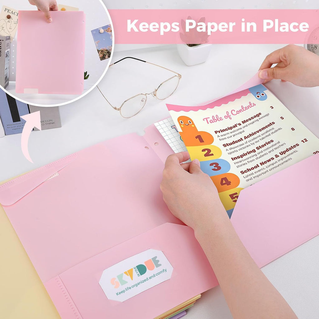 Plastic Folders with Pockets, 6 Pack File Folders with Tabs & Stay-Put Flaps, 3 Hole Punch 2 Pocket Folders for 3