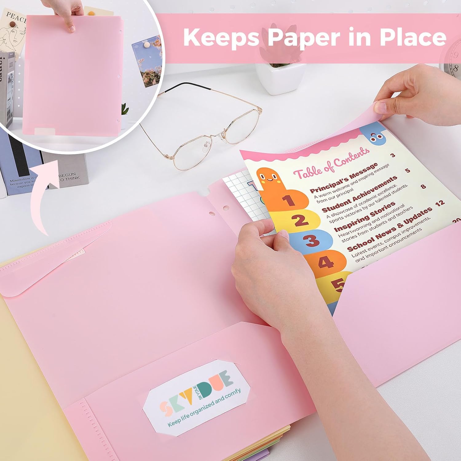 Plastic Folders with Pockets, 6 Pack File Folders with Tabs & Stay-Put Flaps, 3 Hole Punch 2 Pocket Folders for 3