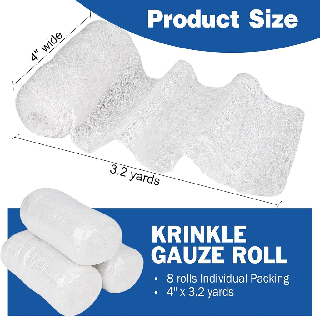 8 Pack Krinkle Gauze Rolls, 4 in x 3.2 Yards, 6-Ply 100% Cotton Bandage Wrap, Latex-Free Individually Wrapped, Highly