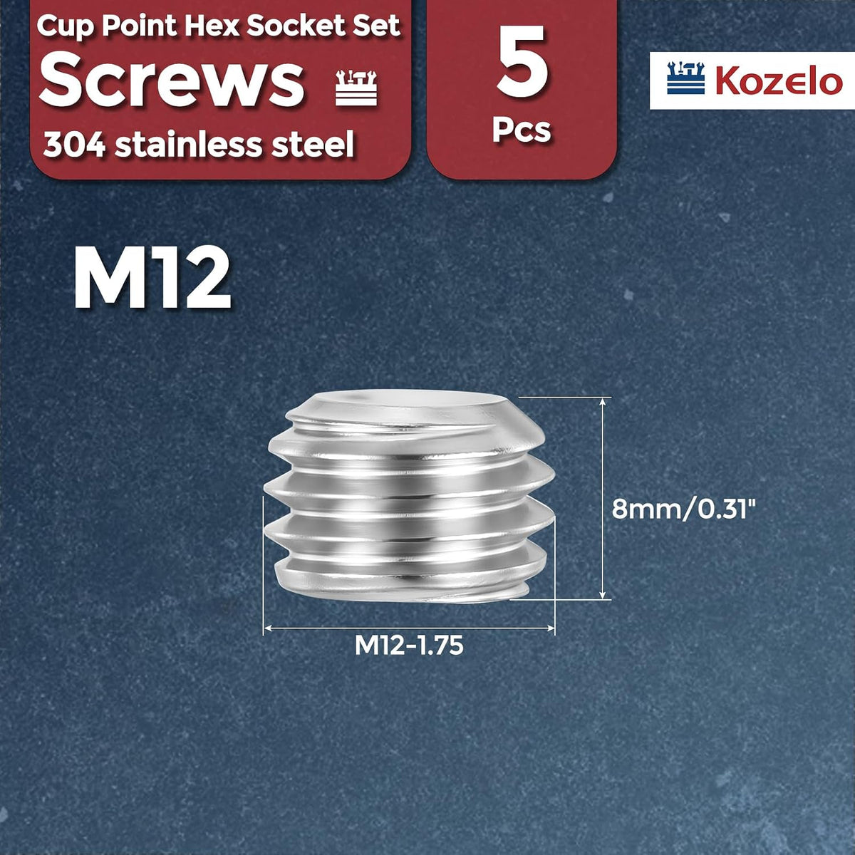5pcs Cup Point Hex Socket Set Screws-M12-1.75x8mm 304 SS