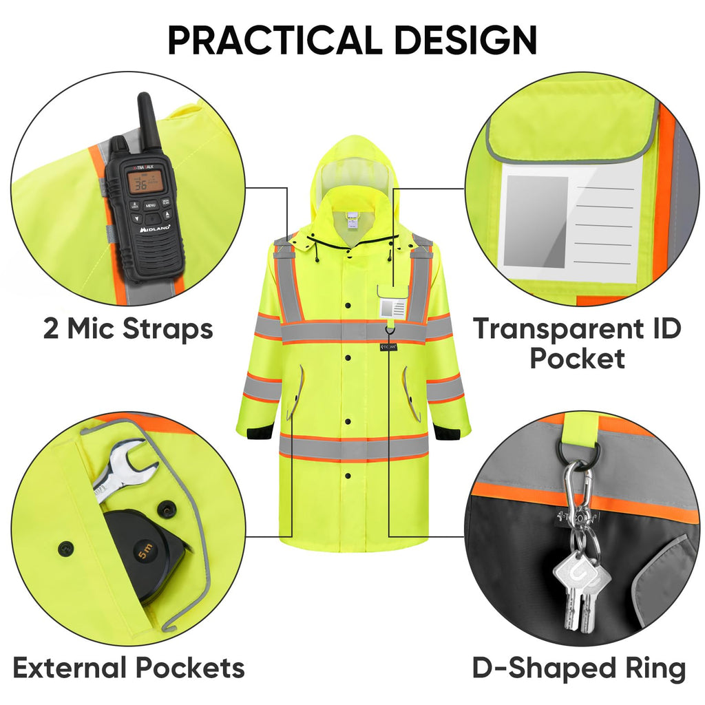 Reflective Rain Coat, Waterproof ANSI Class 3 Hi Vis Trench Coat