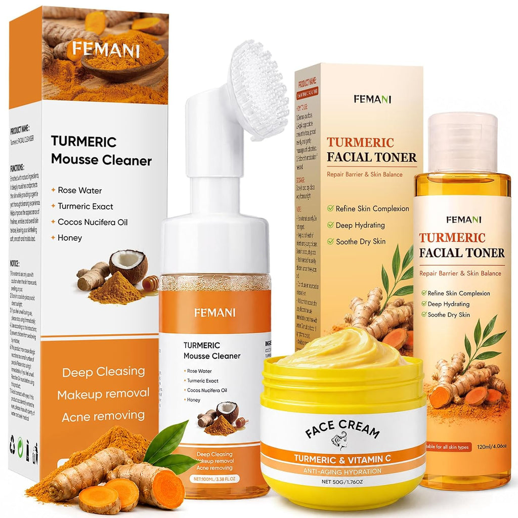 Turmeric Wash and Care 3 Pcs Set: Turmeric Face Wash, Toner & Face Cream | Turmeric Foaming Facial Cleanser for Face