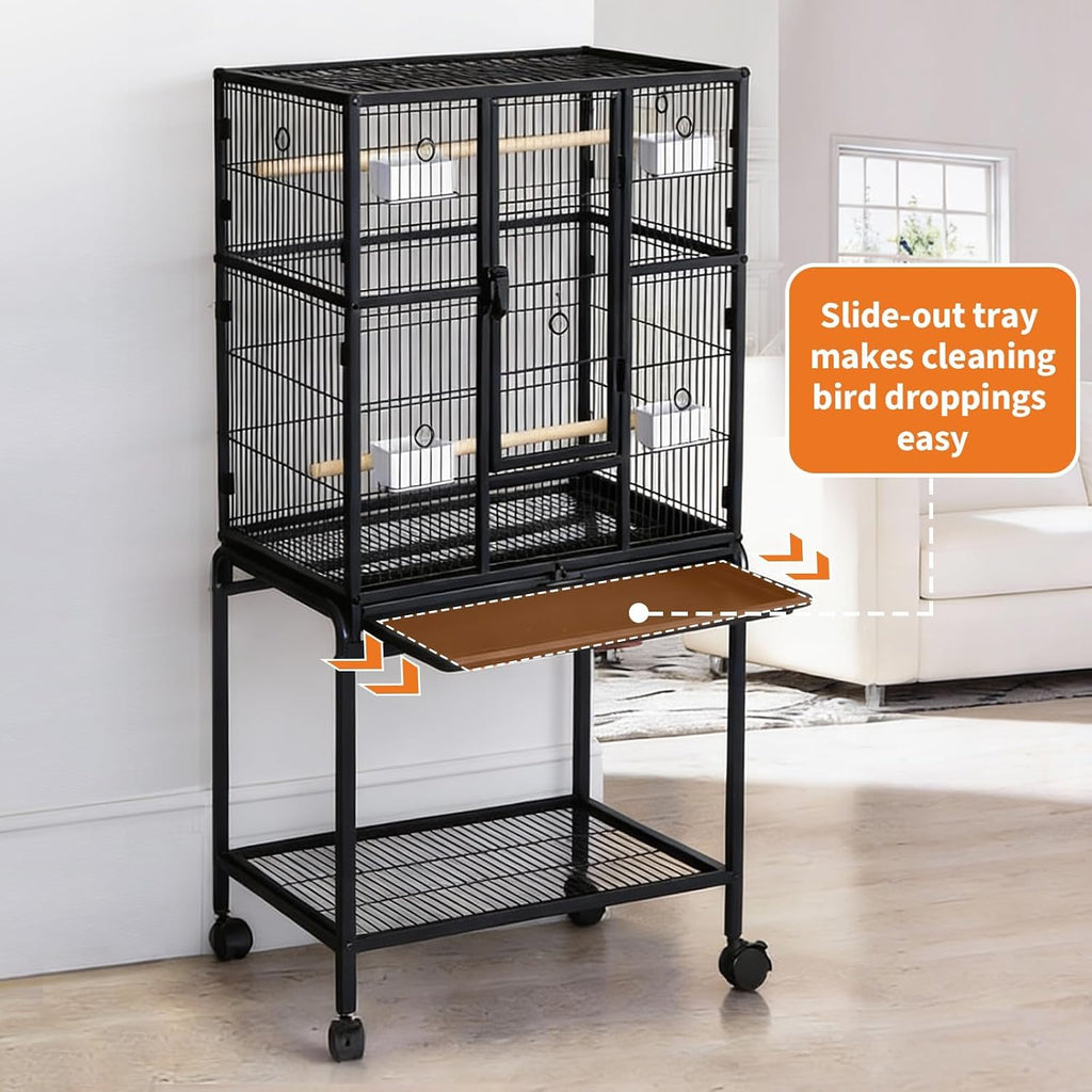 Spacious Flight Bird Cage with Rolling Stand & Storage Shelf - Durable Wrought Iron Parrot Home - Easy Clean, Ideal