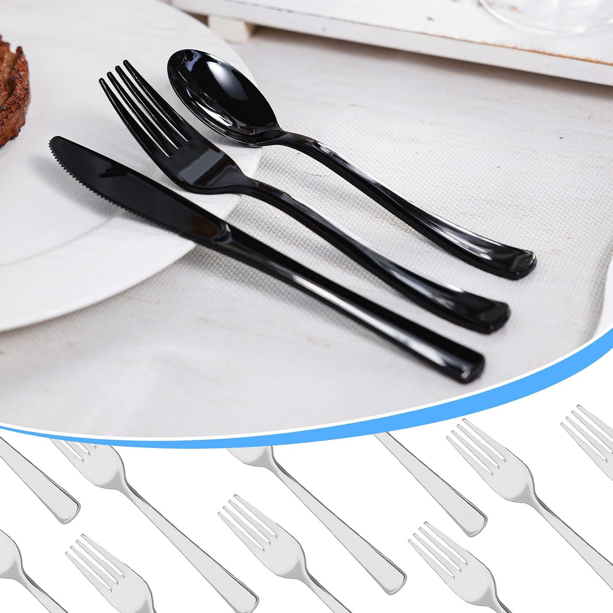 100 Count Black Plastic Silverware Set, Heavy Duty Disposable Cutlery