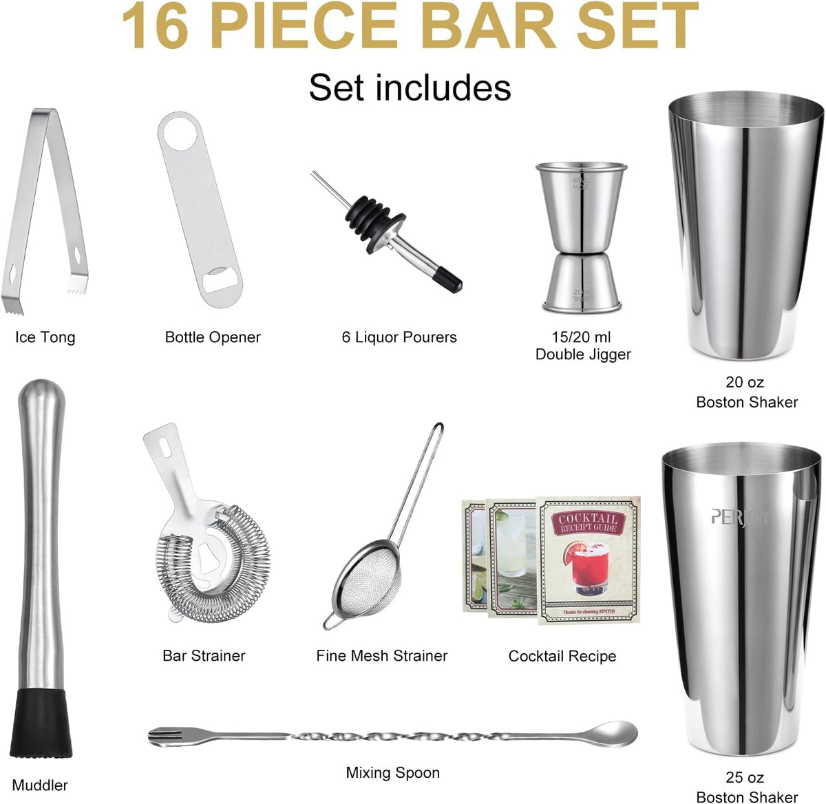 Cocktail Shaker Set, 16 Piece Bartender Kit, Cocktail Shaker, Stainless Steel Bar Set Accessories, Coktail Set