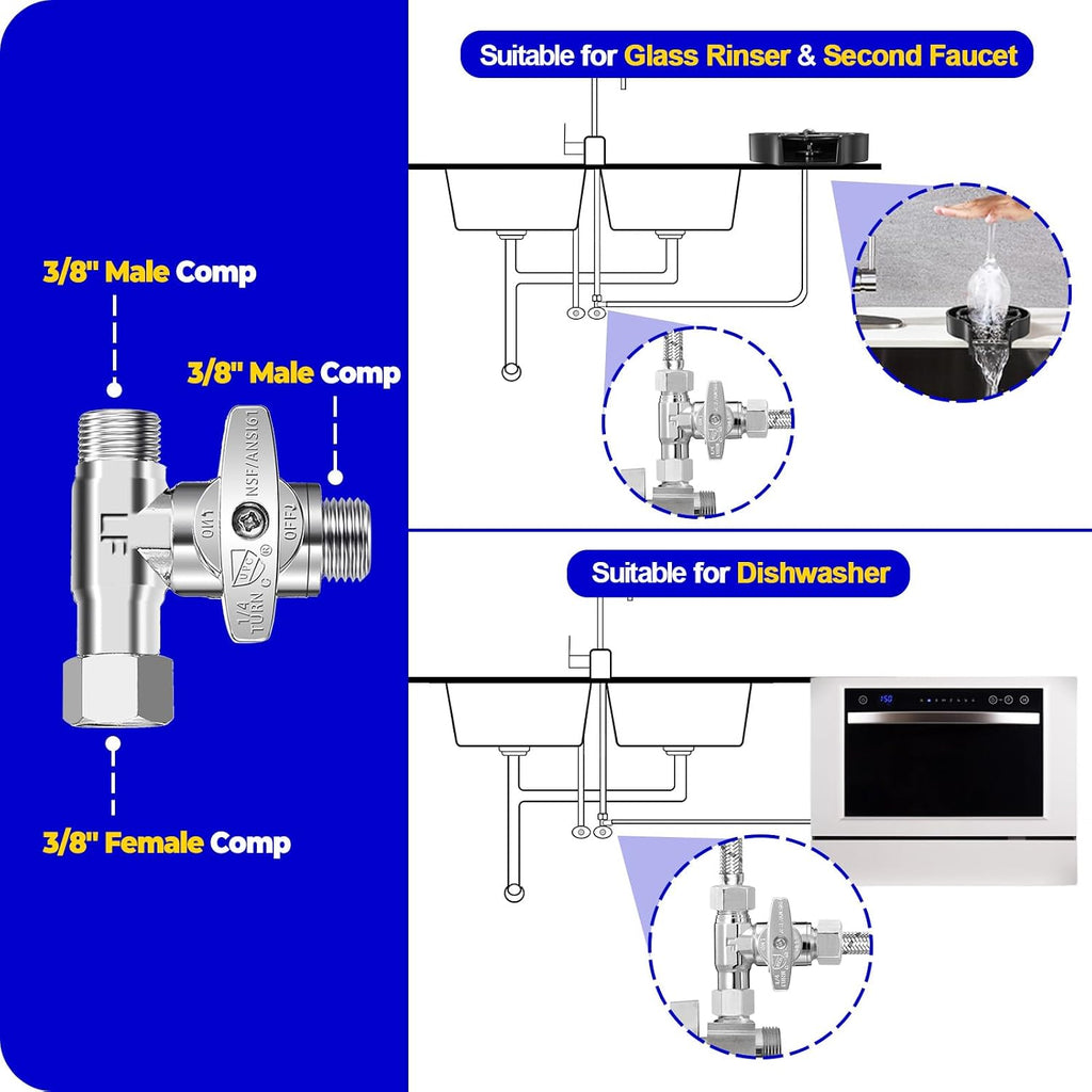 Tee Stop Valve - 3/8"Compx3/8"Compx3/8"Comp Brass Tee for Faucet,Dishwasher