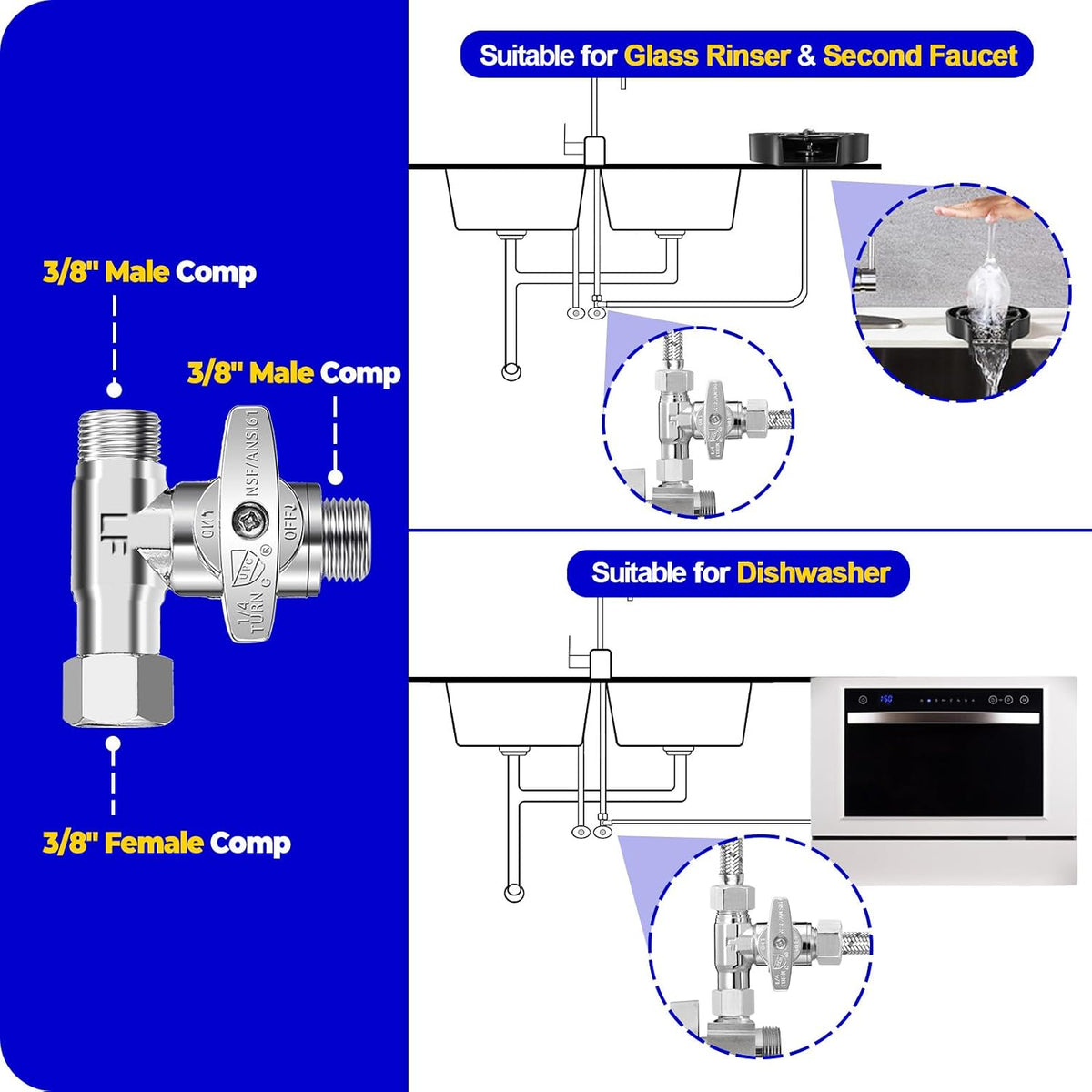 Tee Stop Valve - 3/8"Compx3/8"Compx3/8"Comp Brass Tee for Faucet,Dishwasher