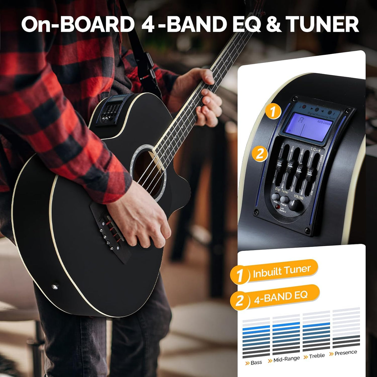 Full Size Acoustic Electric Bass Guitar Beginner Kit, Cutaway 4 Strings Electric Acoustic Bass Guitar w/Inbuilt