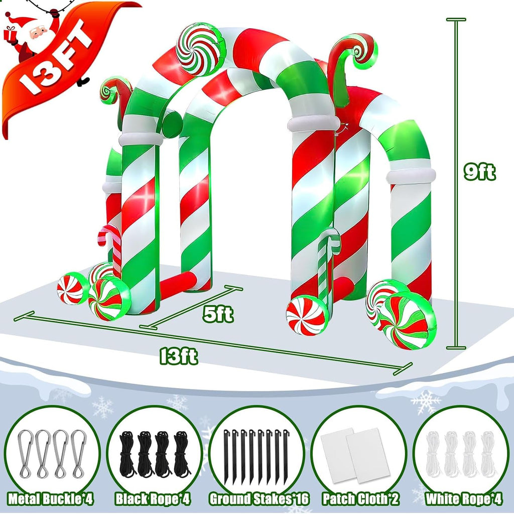13FT Christmas Archway Inflatables with LED Light, Giant Xmas Candy Arch Inflatable Stereoscopic Blow up Christmas