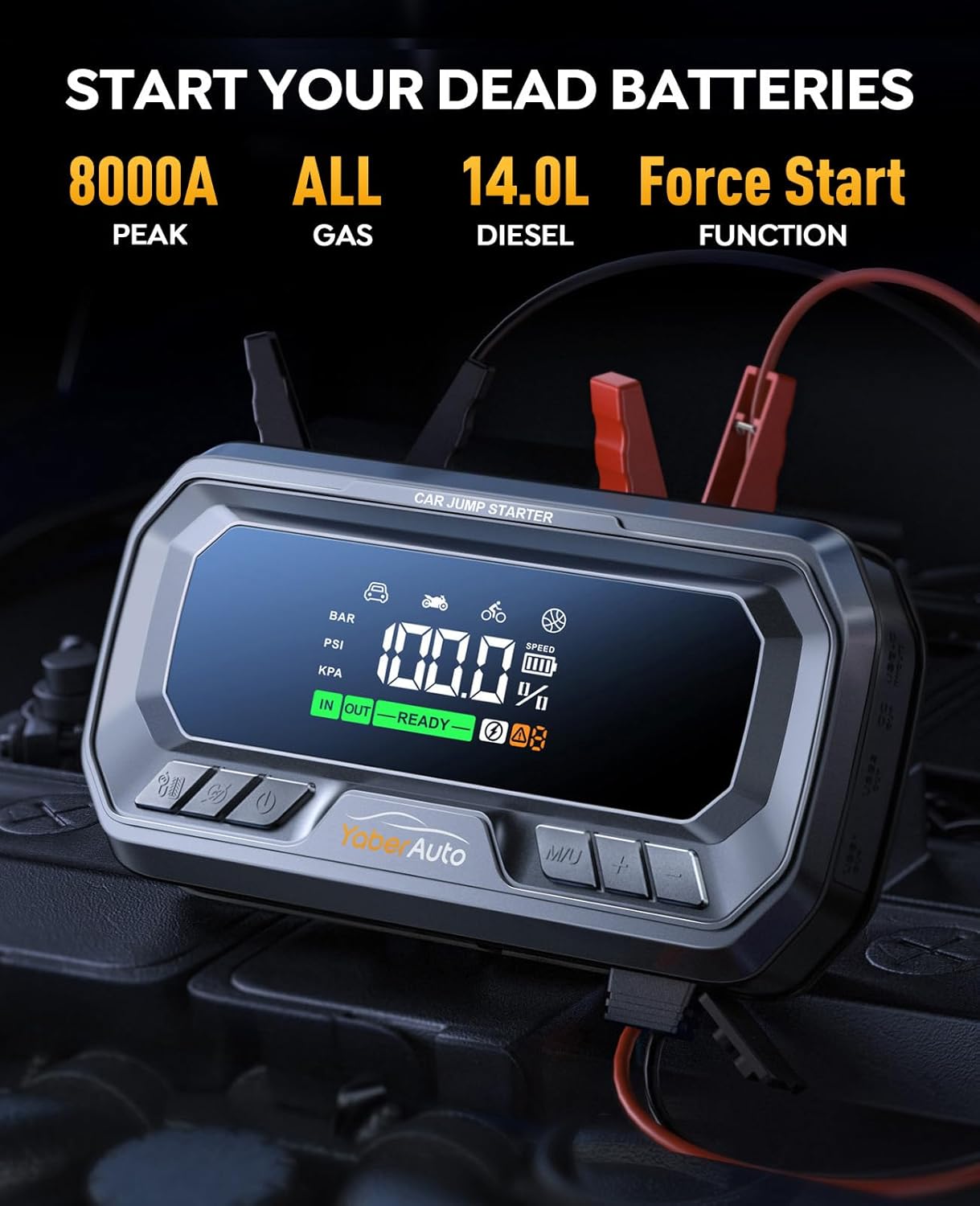 12-in-1 Jump Starter with Air Compressor 8000A 160PSI 65W Charging, Portable Car Battery Jump Starter (All Gas/14L