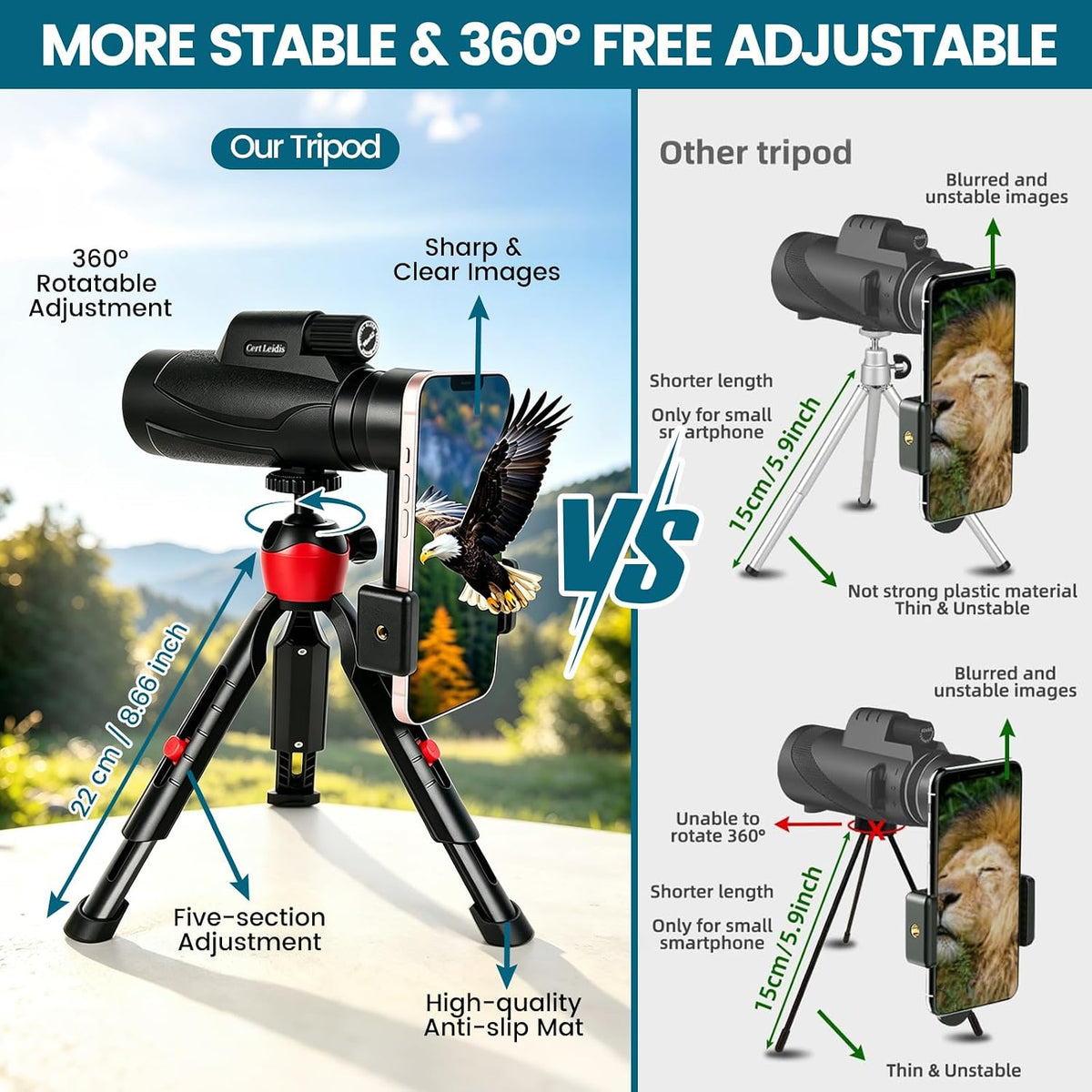 HD 10x42 Monocular Telescope for Adult - Tripod & Phone Adapter