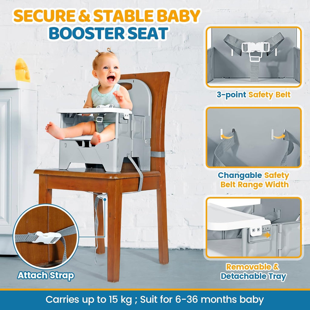 Portable High Chair with Tray, Grey | Foldable Booster Seat, For Travel Toddlers 6-36 Months