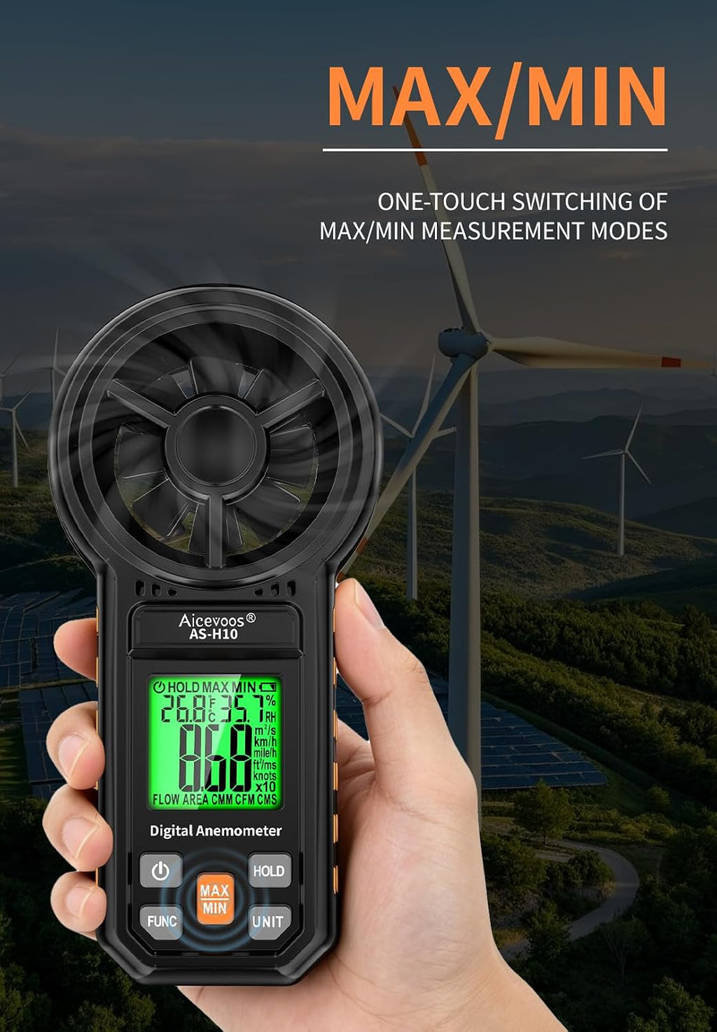 Digital Anemometer Handheld Wind Speed Meter, Measures Wind Speed Wind Flow Temperature and Humidity CFM Air Flow Velocity Meter with Big Backlit Screen