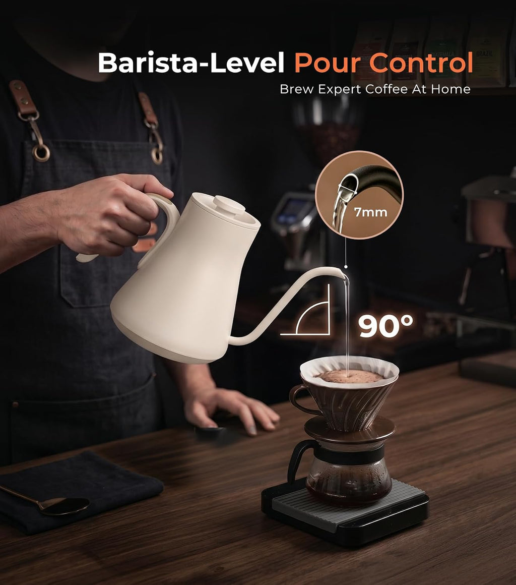 Gooseneck Electric Kettle With Temp Control,1200W,0.9L,Cream White | Rapid Heating, Precision Pour-Over for Coffee &
