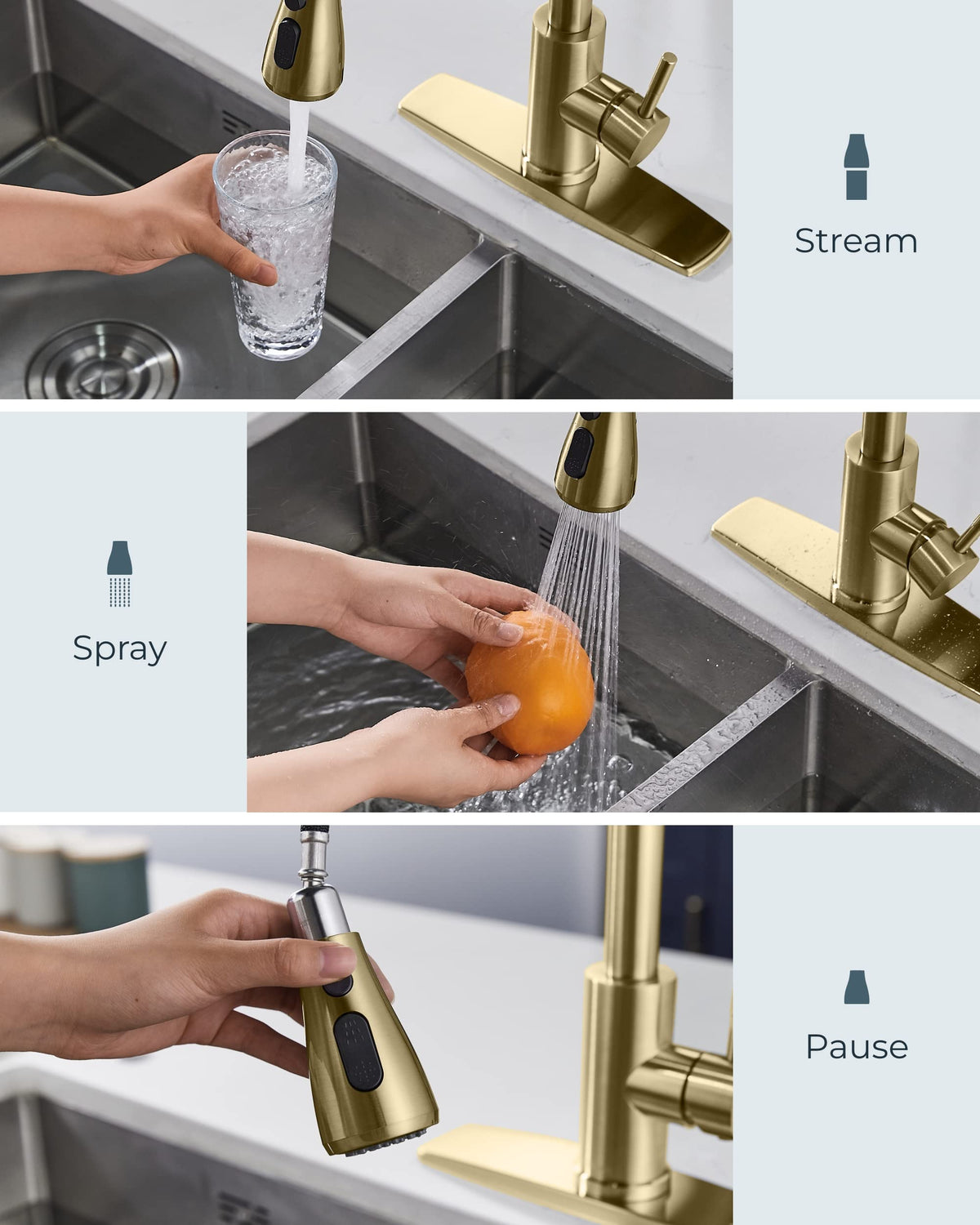 Gold Kitchen Faucet with Pull Down Sprayer, Stainless Steel