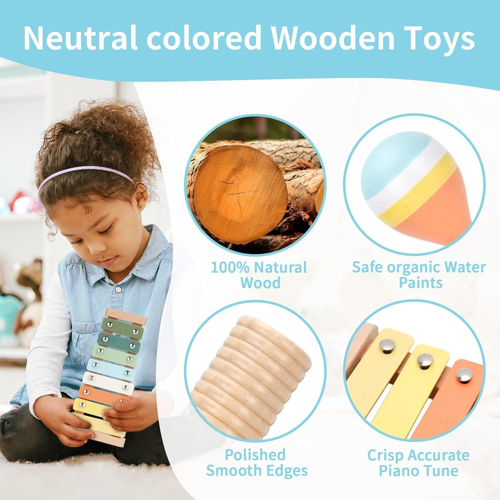 Baby Musical Instruments Set Wooden Montessori Toys for Toddlers | musical toy for toddlers 1-3, xylophone tambourine