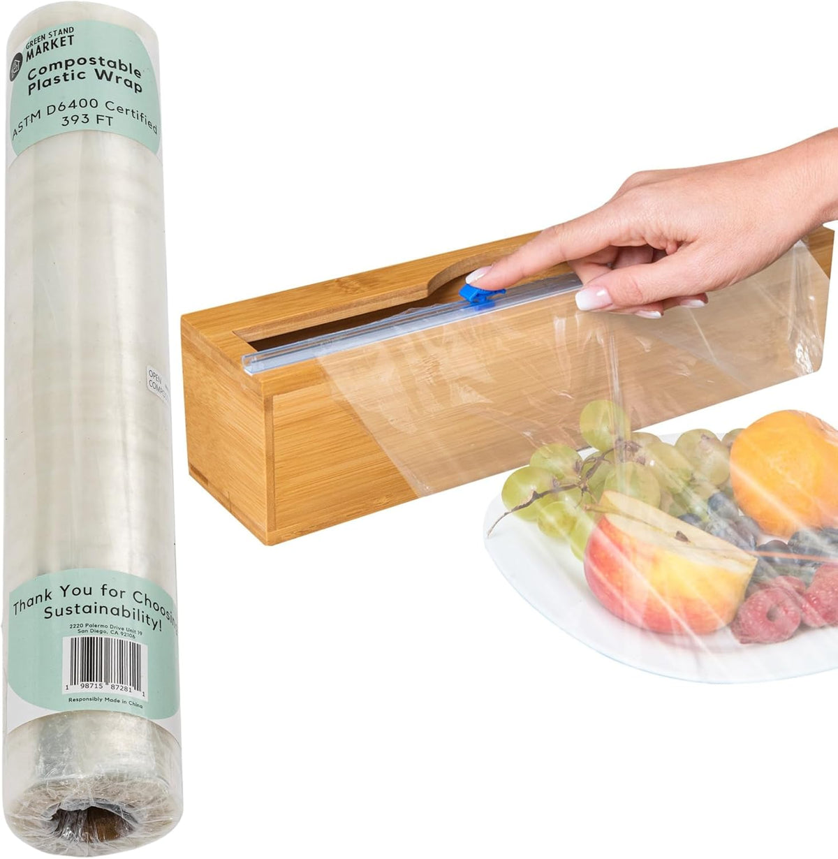Compostable Plastic Wrap for Food, Bamboo Dispenser with Cutter, 400 Sq Ft