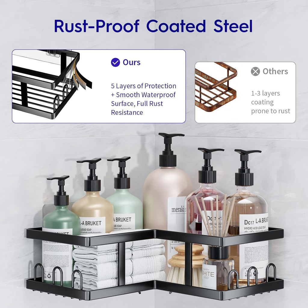 Shower Caddy Corner No Drilling-Adhesive, Shower Shelves-Rustproof | Organizer for Dorm. Black, 4-Pack - with Soap