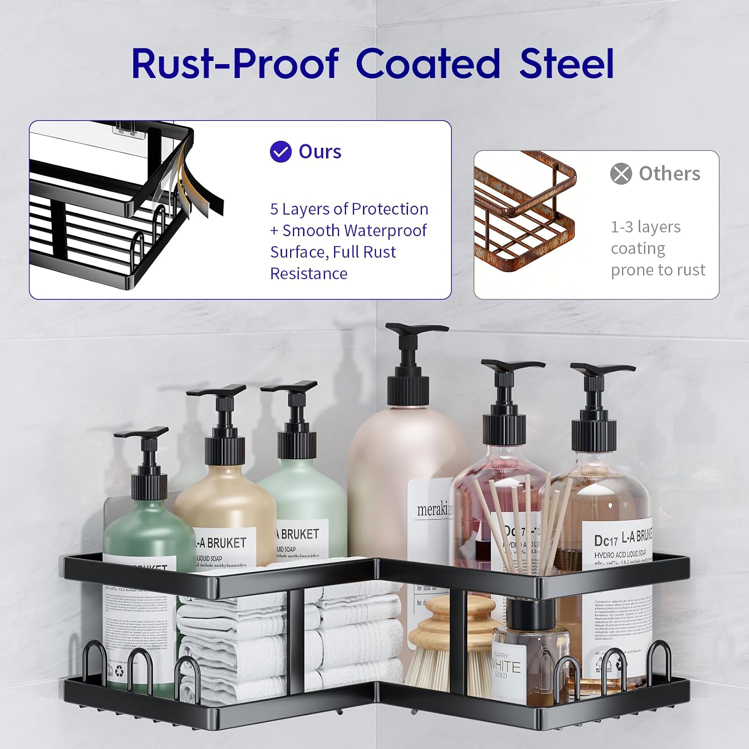 Shower Caddy Corner No Drilling-Adhesive, Shower Shelves-Rustproof | Organizer for Dorm. Black, 4-Pack - with Soap
