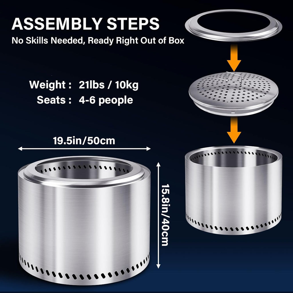 19.5" Smokeless Fire Pit Outdoor, Stainless Steel Wood Burning Firepit with Secondary Combustion, Backyard Patio