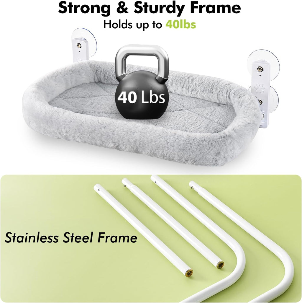Cordless Cat Window Perch, Cat Hammock for Wall with 4 Strong Suction Cups, Solid Metal Frame and Two Replaceable
