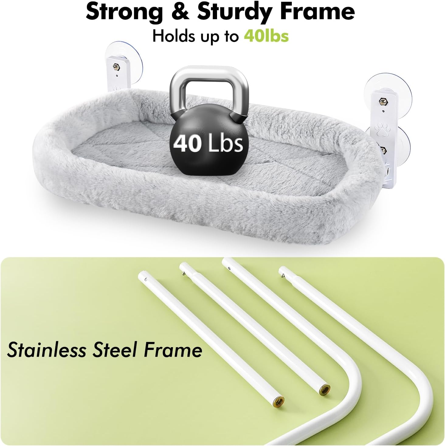 Cordless Cat Window Perch, Cat Hammock for Wall with 4 Strong Suction Cups, Solid Metal Frame and Two Replaceable