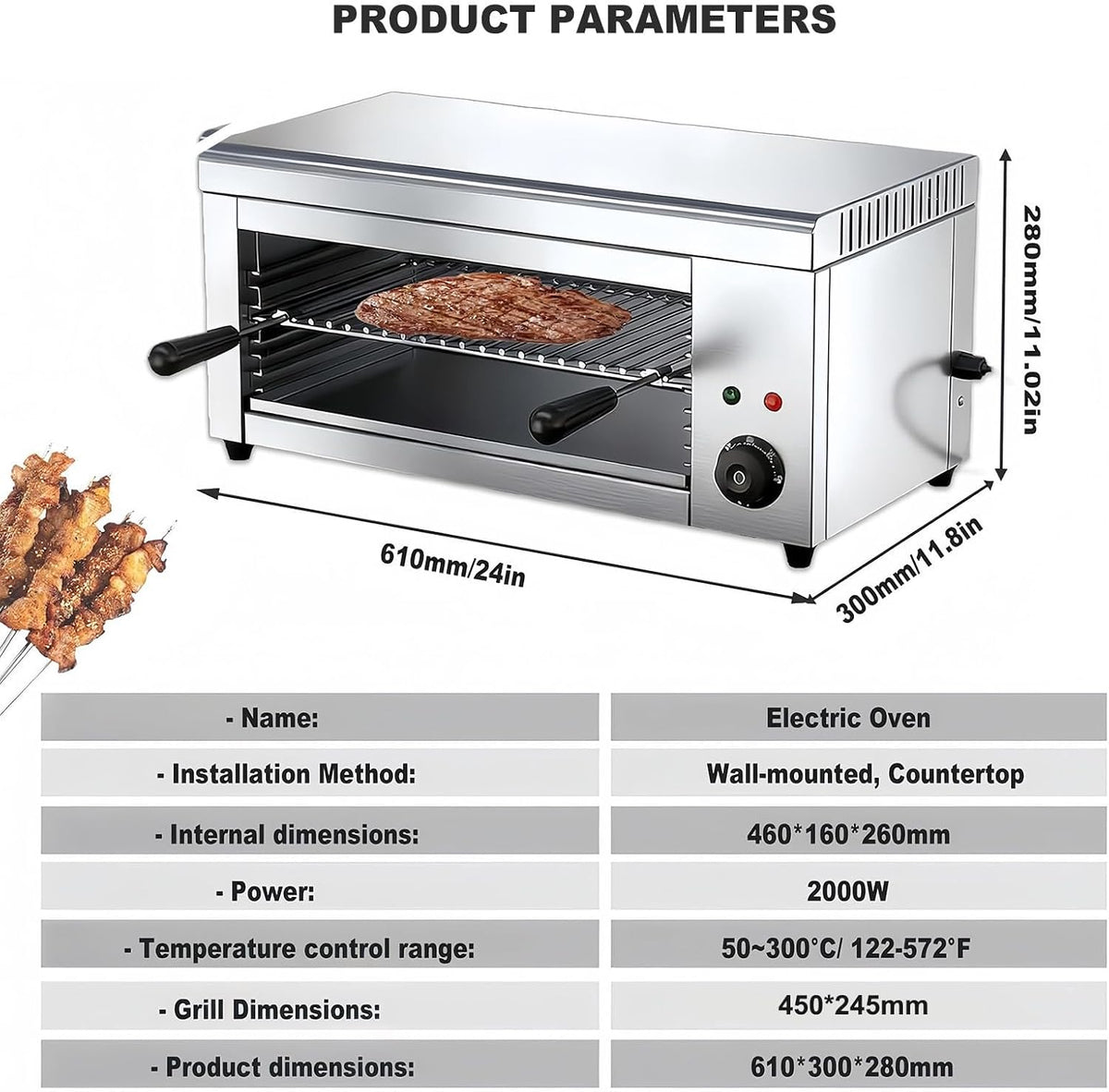 2000W Salamander Broiler Countertop Grill, Electric Cheese Melter with 122-572°F & 4 Height, Stainless Steel Toaster