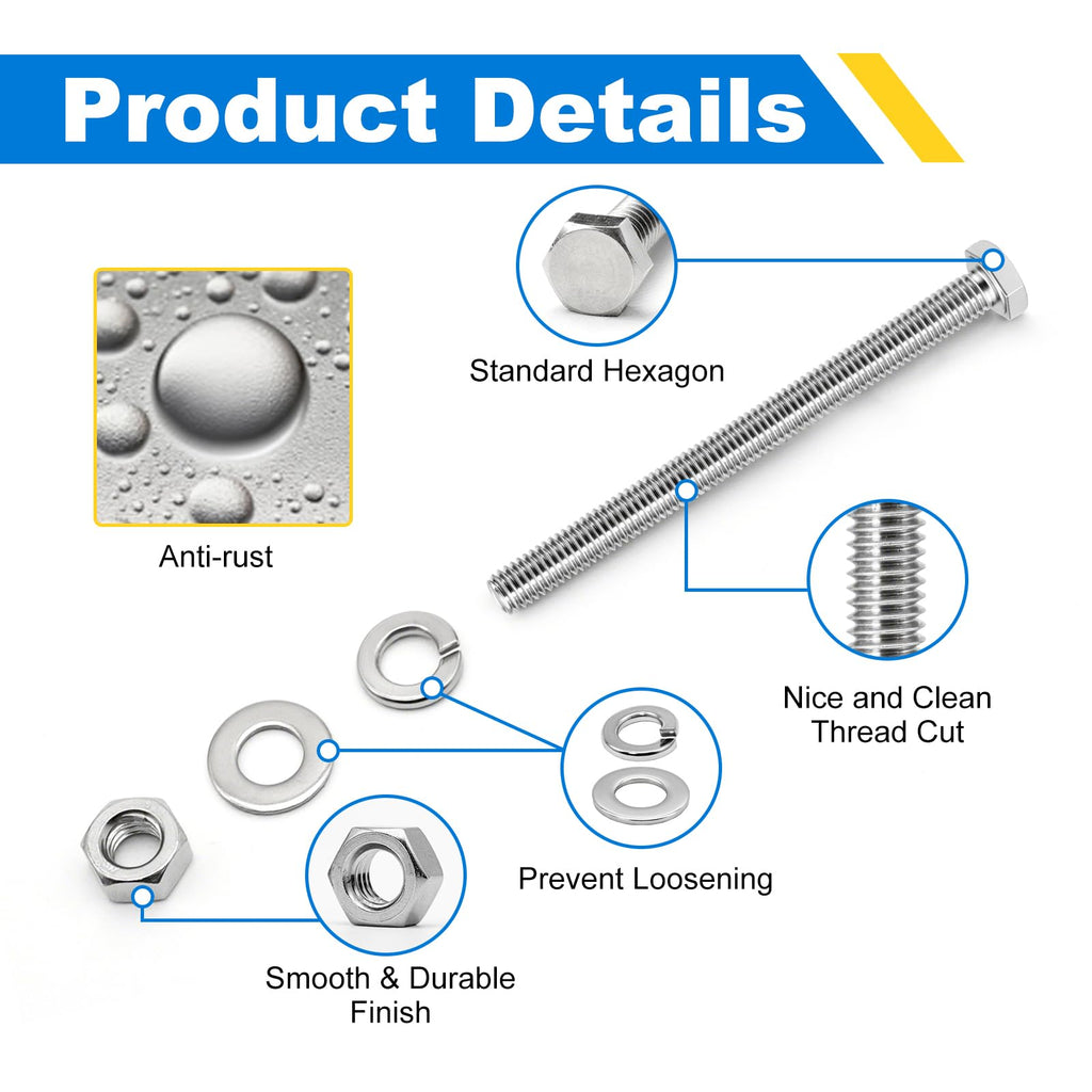 5/16-18 x 5" Hex Bolt Set with Nuts, Flat Washers, Spring Washers - 304 SS