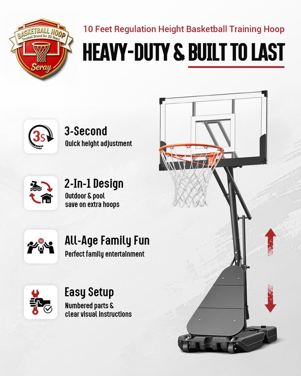Basketball Hoop 40Inch Shatterproof Backboard, 3.4-10FT Height Adjustable, Rust-Resistant Poolside Goal with