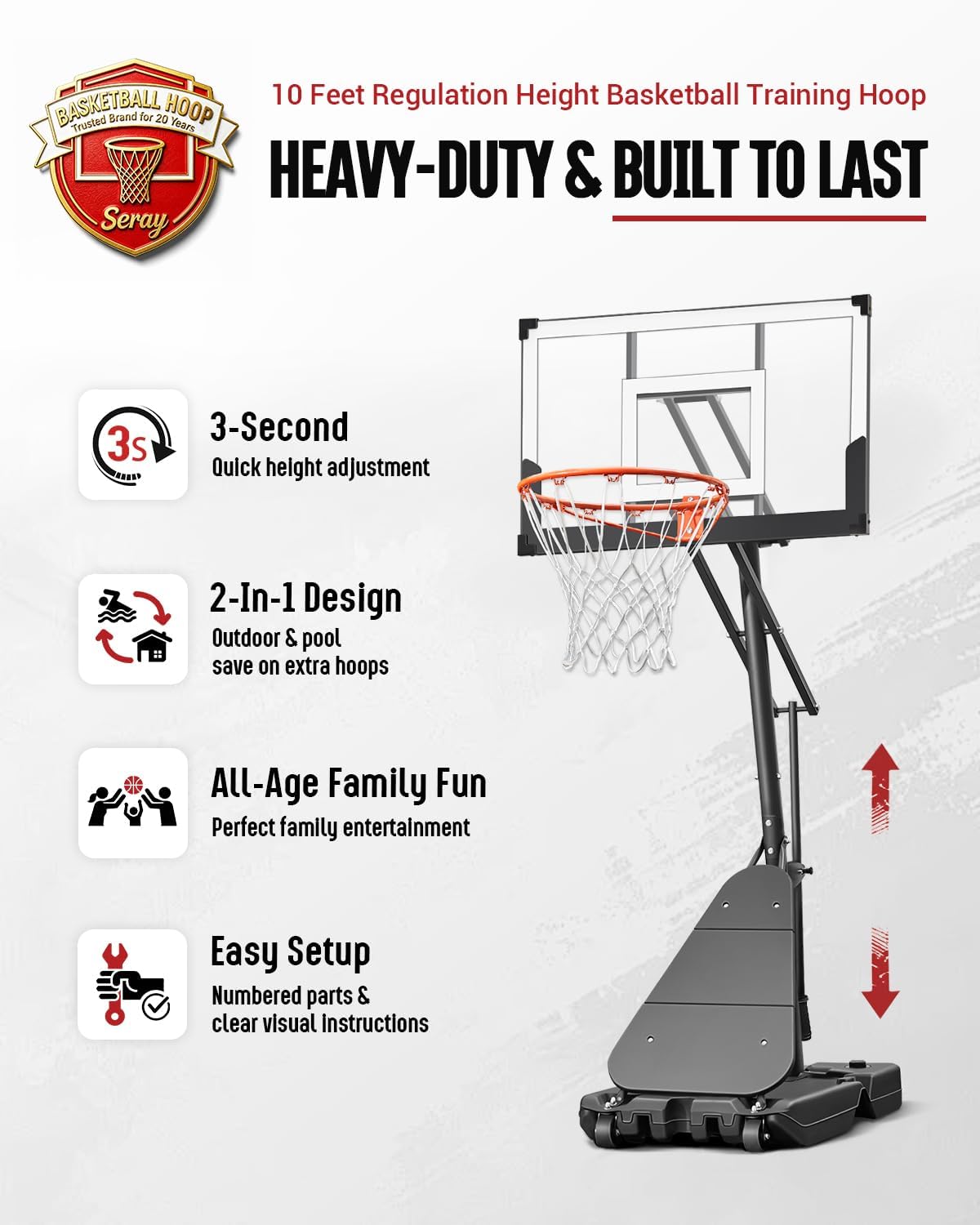 Basketball Hoop 40Inch Shatterproof Backboard, 3.4-10FT Height Adjustable, Rust-Resistant Poolside Goal with