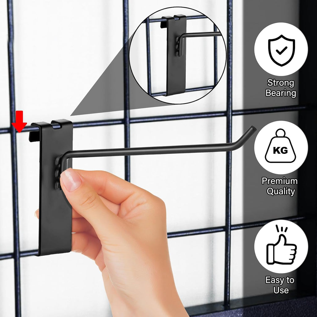 Gridwall Hooks - 4 Inch Heavy Duty Black Display Hooks for Grid Wall Panel Hanging (12Pcs)