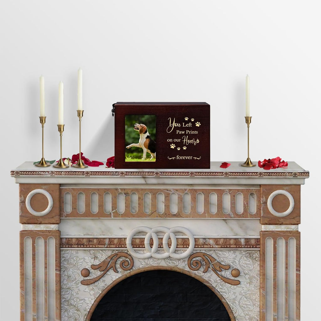 Pet Urns for Dog or Cat Ashes, Wooden Dog Urn for Ashes Memorial Keepsake Box with Photo Frame, Large Pet Cremation