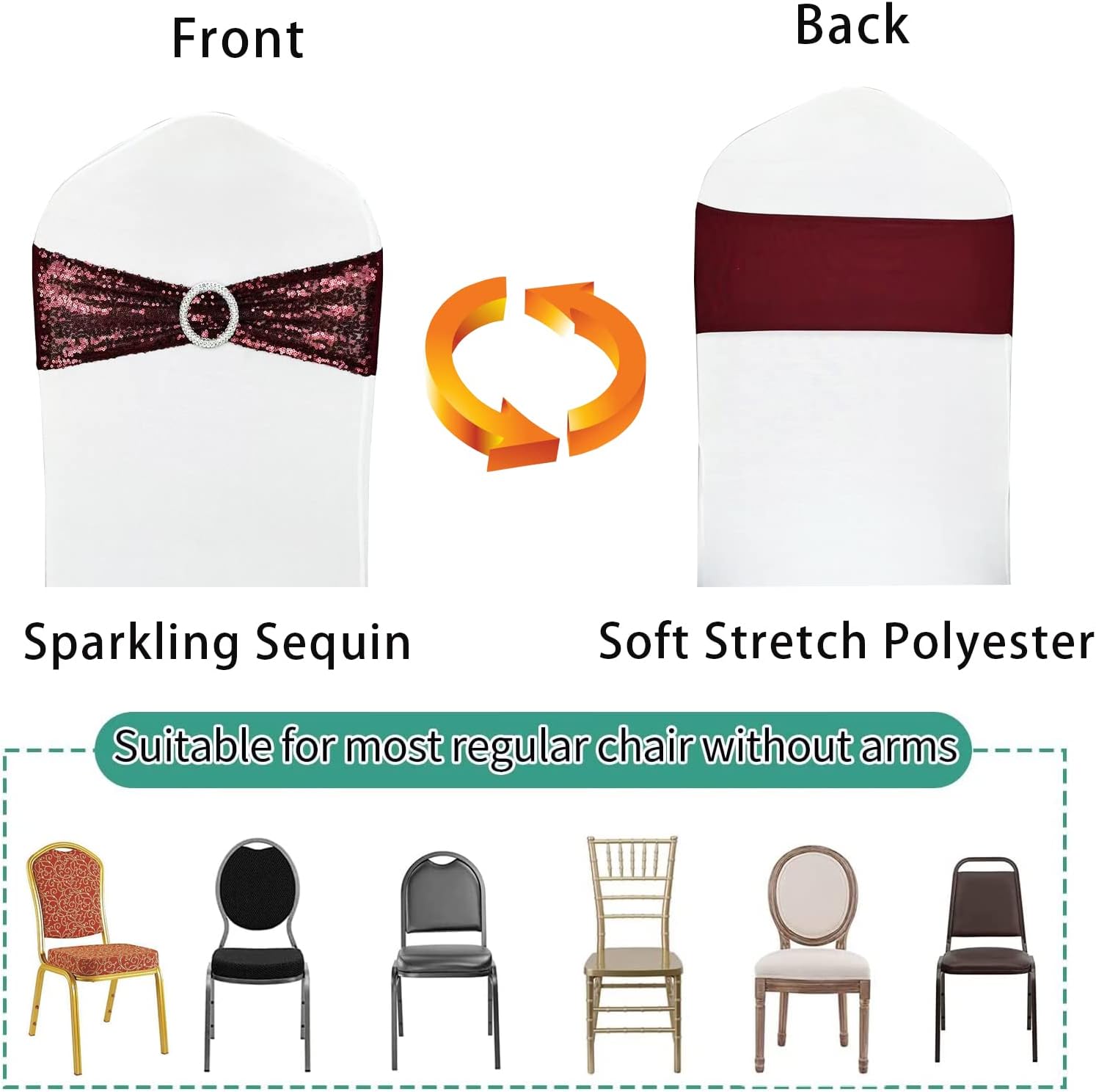 Sequin Chair Sashes 6 Pack - High Elasticity Spandex Stretch Chair Bows with Buckle for Wedding, Party, Banquet Decor