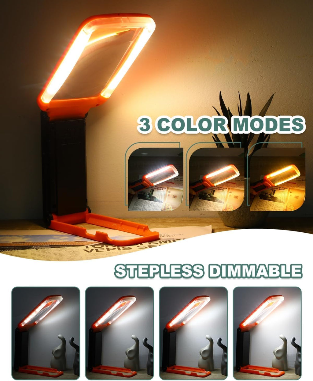 15X Magnifying Glass with Light and Stand, Rechargeable Folding Handheld Real Glass Magnifier, 3 Color Modes Dimmable