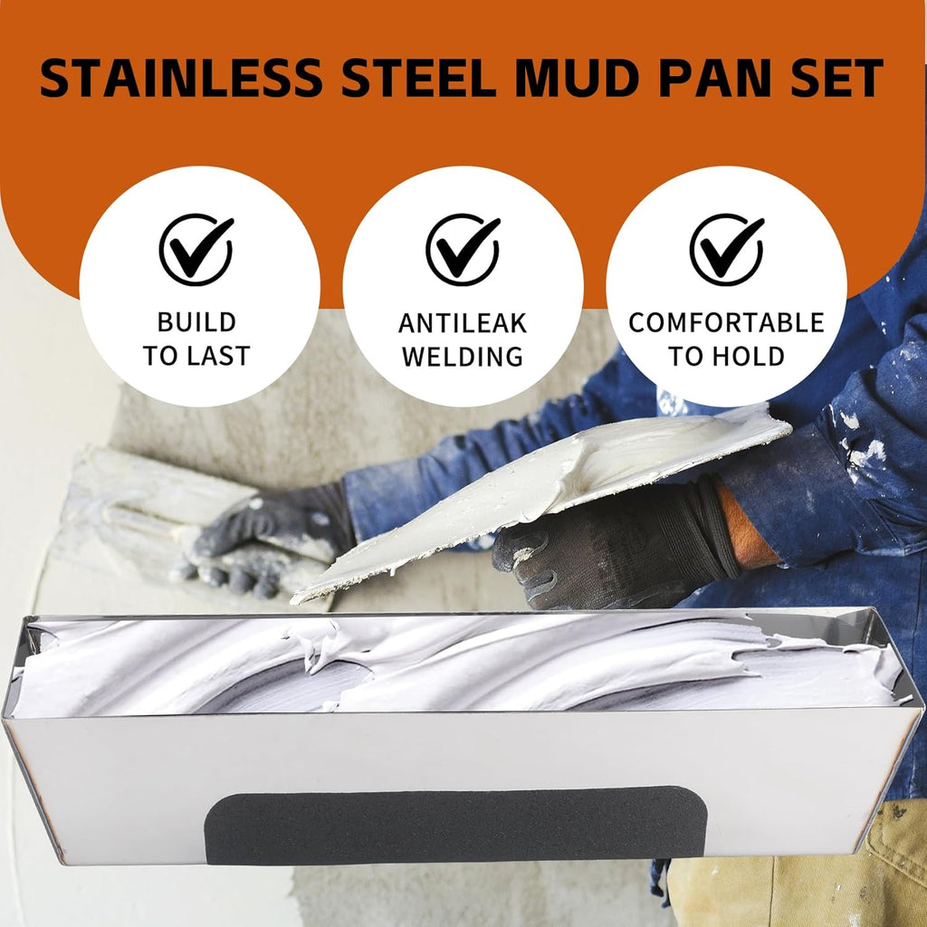 14" Stainless Steel Mud Pan,Anti-slip Base,Sheared Sides to Clean Knives, Hold Joint Compound, Drywall and Plaster