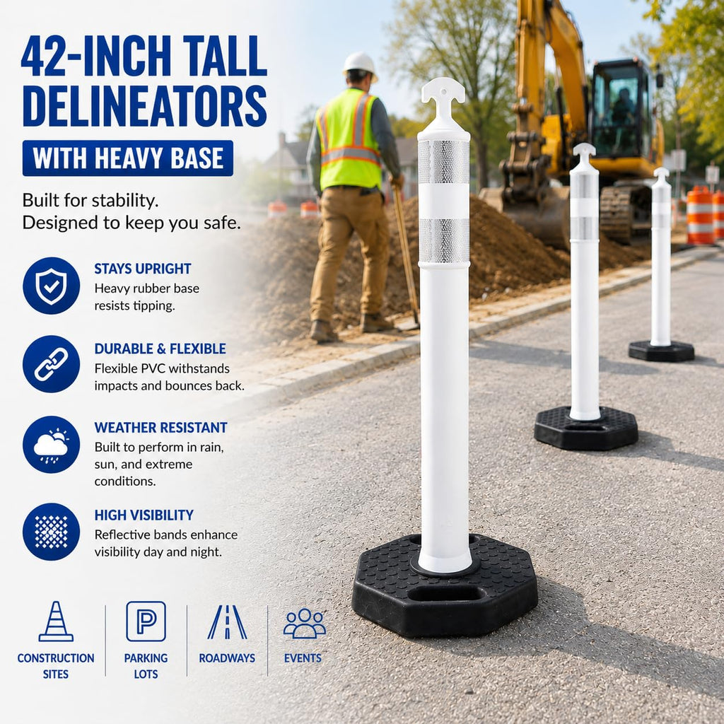 6 Pack 42 Inch White Traffic Cones Delineator Posts with Rubber Base