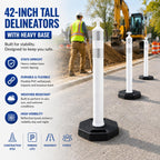 6 Pack 42 Inch White Traffic Cones Delineator Posts with Rubber Base
