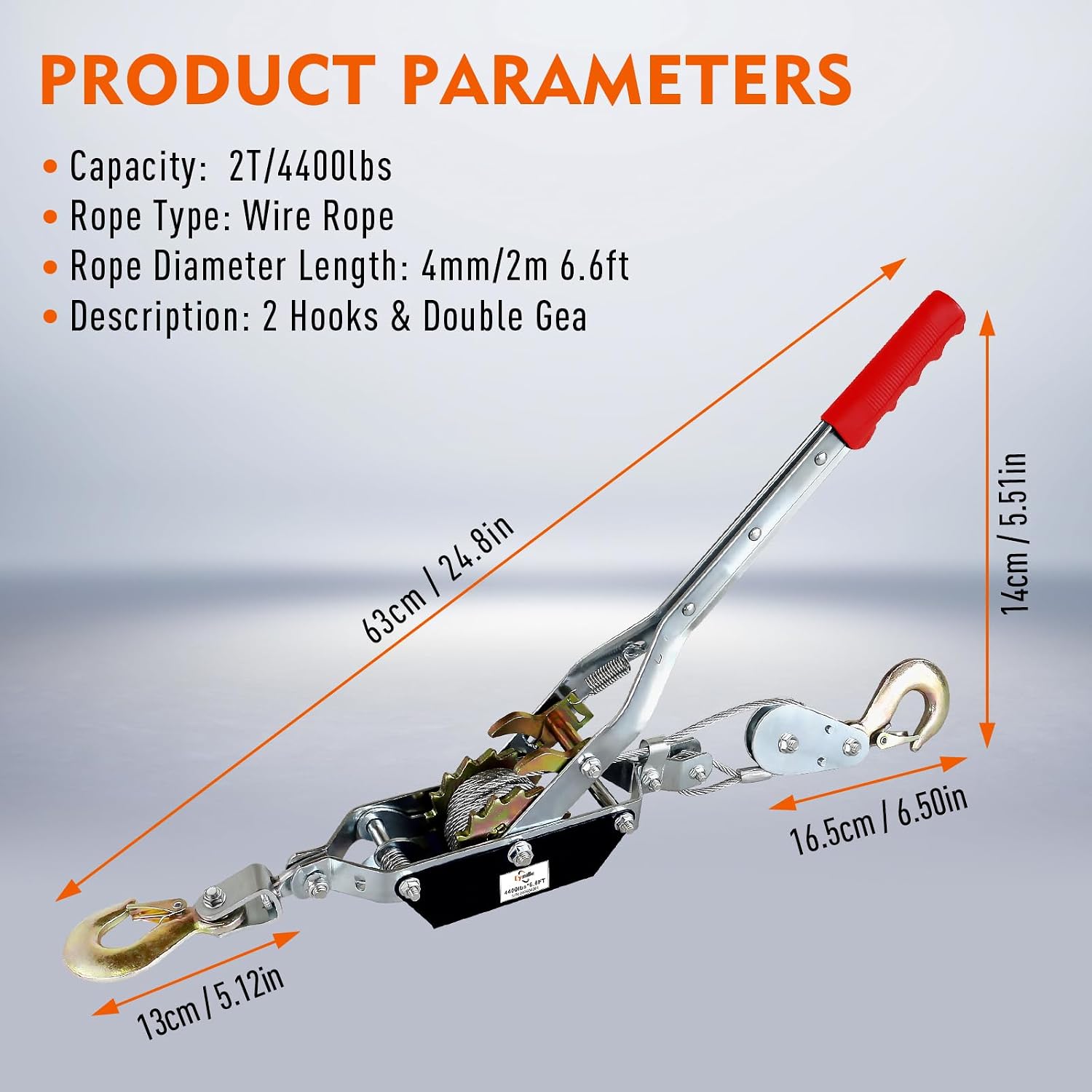 Come Along Winch,2 Ton(4410 Lbs) Capacity with 6.6FT Steel Cable 2 Hooks | Hand Winch Cable with Dual Gears, Power