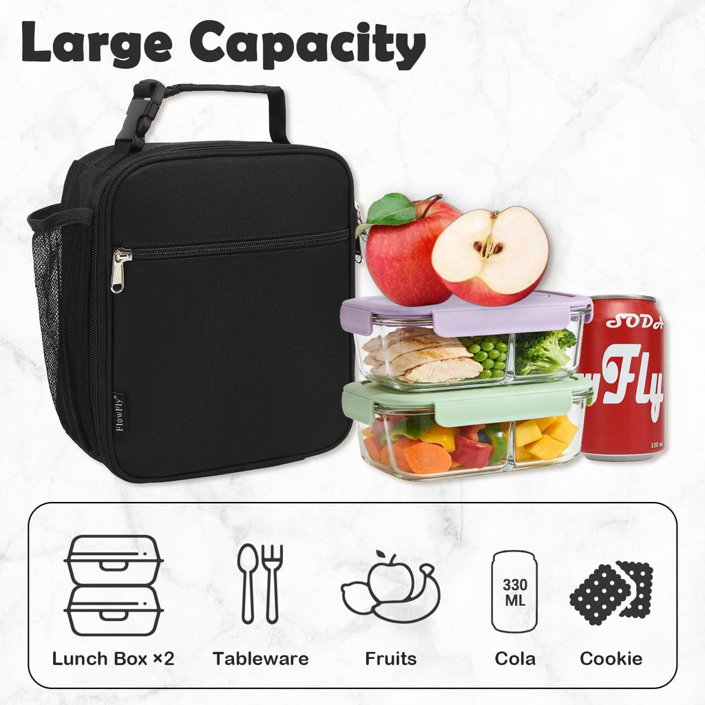 Kids Lunch Box Insulated Letter Print Soft Bag Mini Cooler Back to School Thermal Meal Tote Kit for Girls, Boys, Black