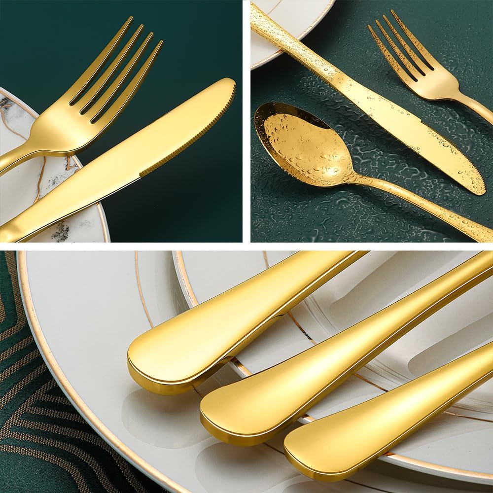 Gold Silverware Set for 12, Compralo 60 Pieces Stainless Steel Shiny Gold Flatware Set, Cutlery Tableware Set Include