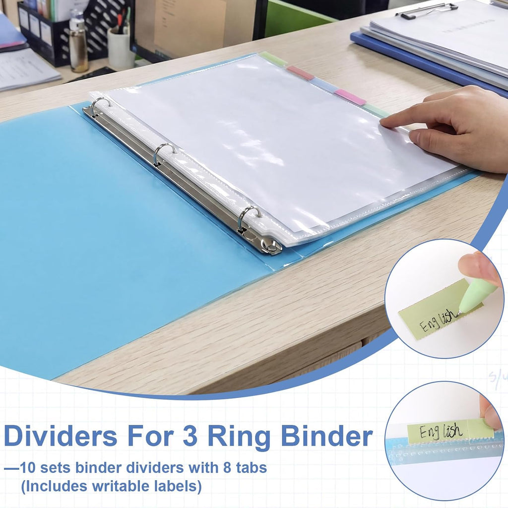 10 Sets 80Pcs Clear Sheet Protector Sleeves, Plastic 3 Ring Binder Dividers | 8.5 x 11 Inch Binder Sleeves with 8 Tab