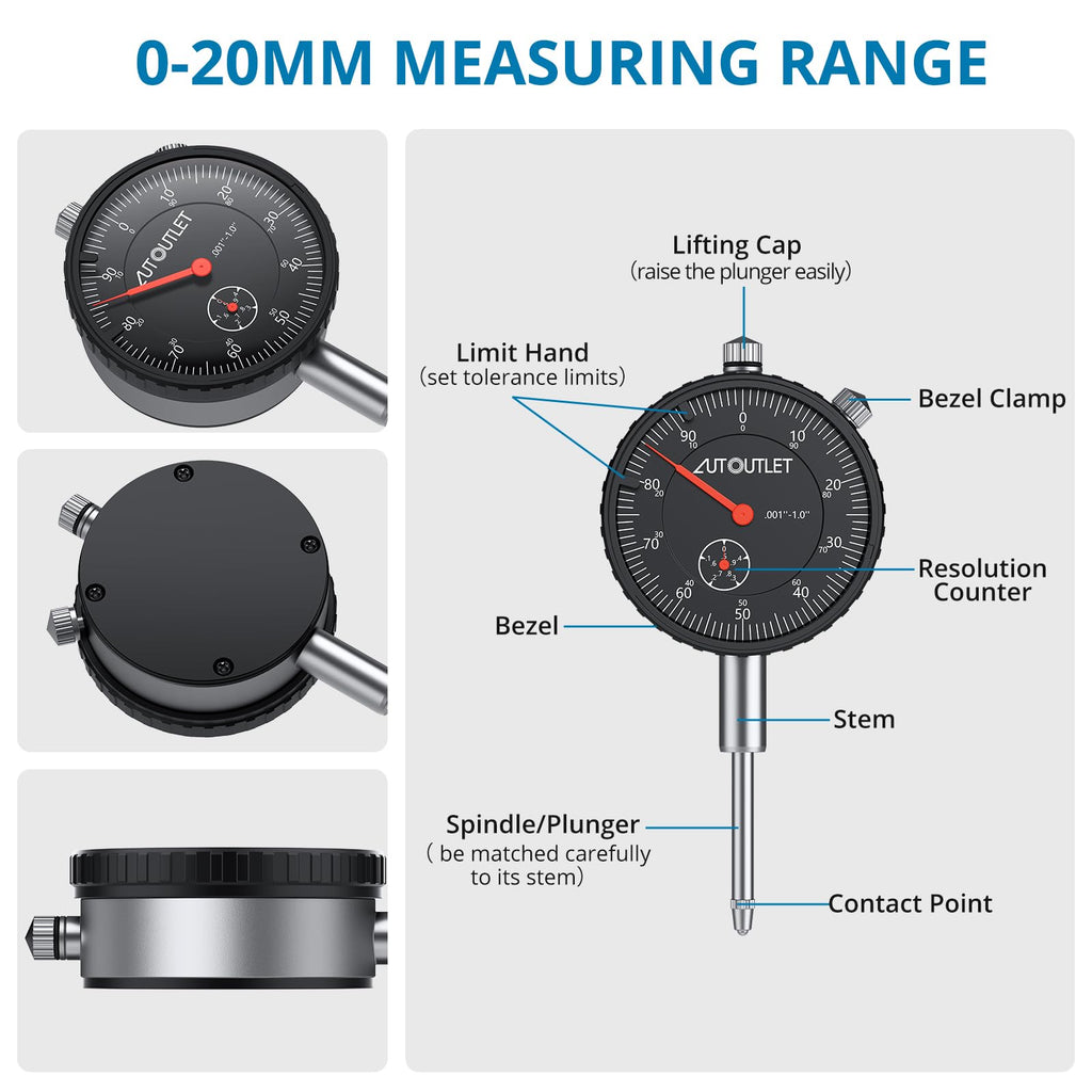 Dial Indicator with Magnetic Base Set, 0-1"/0.001" Precision