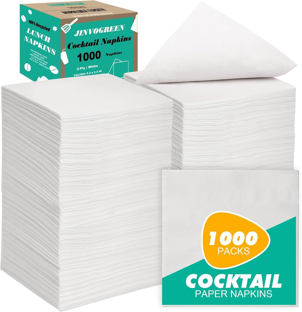 1000 Count Cocktail Napkins, White Beverage Napkins, 2-Ply