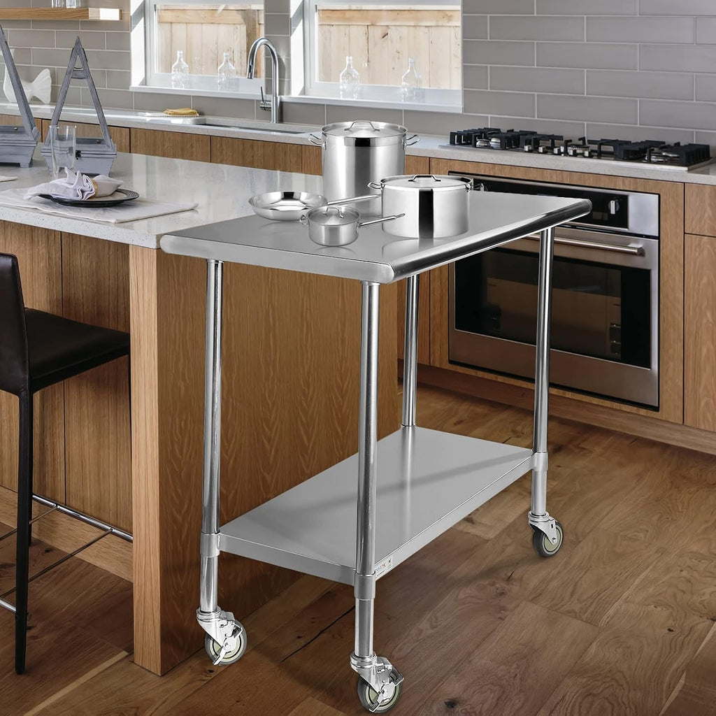 Stainless Steel Table with Wheels 36x24 Inches 3ft for Prep