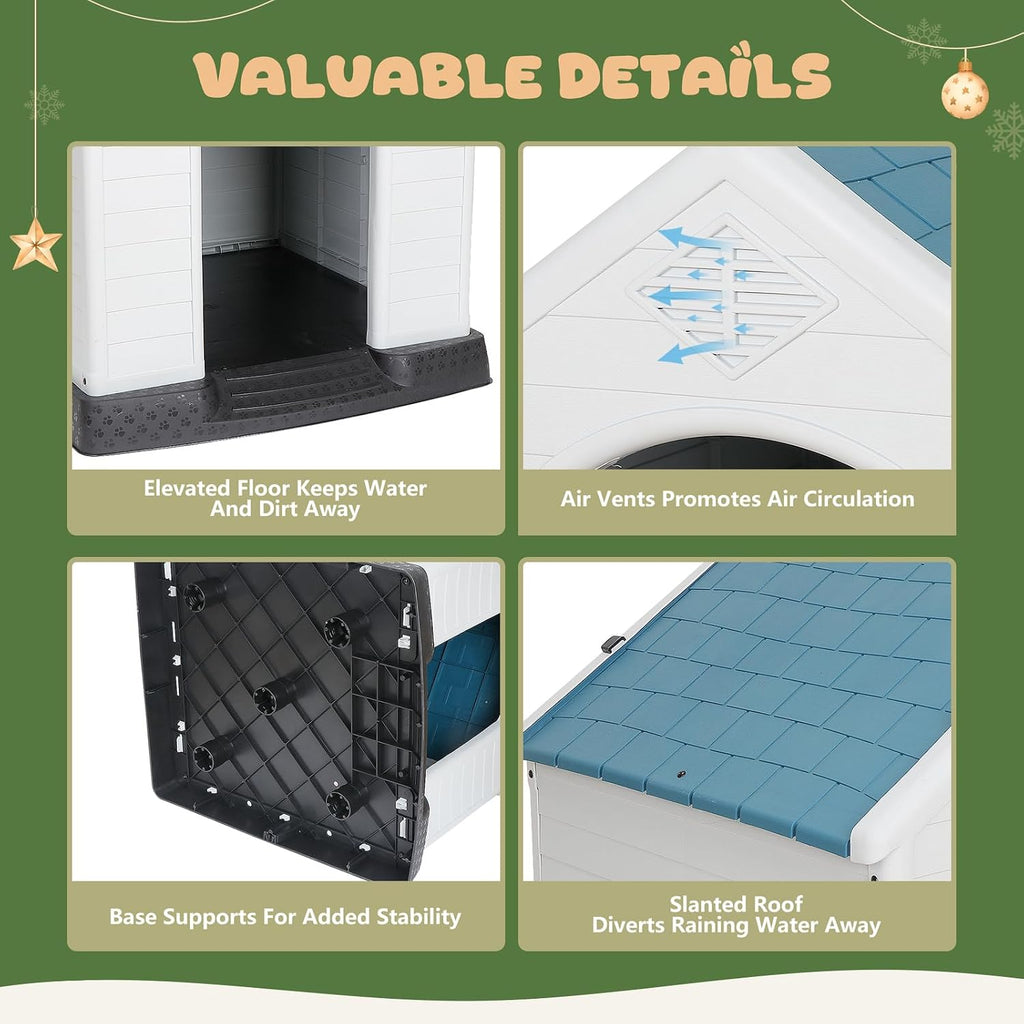 Large Plastic Dog House, Dog Kennel Outdoor Waterproof Doghouse Casas para Perros, Puppy Shelter Elevated Floor and