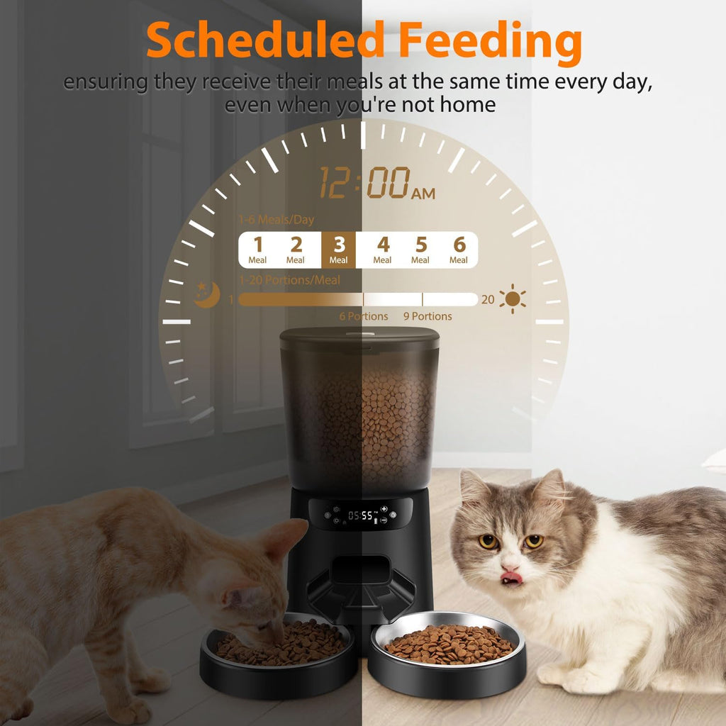 Automatic Cat Feeders for Two Cats, 5L/20 Cups Double Automatic Cat Food Dispenser with 2 Stainless Bowls, Timer